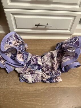 Lavender Floral Ruffle Off-Shoulder Crop Top